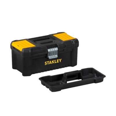 Εργαλειοθήκη πλαστική Stanley 32x19x13cm 12,5" μαύρη με 1 πάτο, 2 ταμπακιέρες, μεταλλικά κλείστρα και μεταλλικούς μεντεσέδες