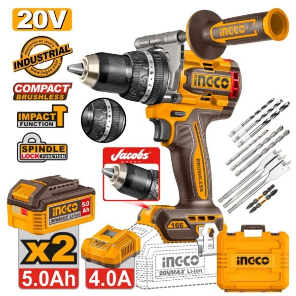 Κρουστικό Δραπανοκατσάβιδο Compact Μπαταρίας 20V Li-Ion 166Nm με Jacobs Τσοκ Ingco