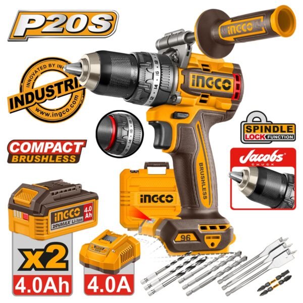 Κρουστικό Δραπανοκατσάβιδο Compact Μπαταρίας 20V Li-Ion 96Nm με Jacobs Τσοκ Ingco
