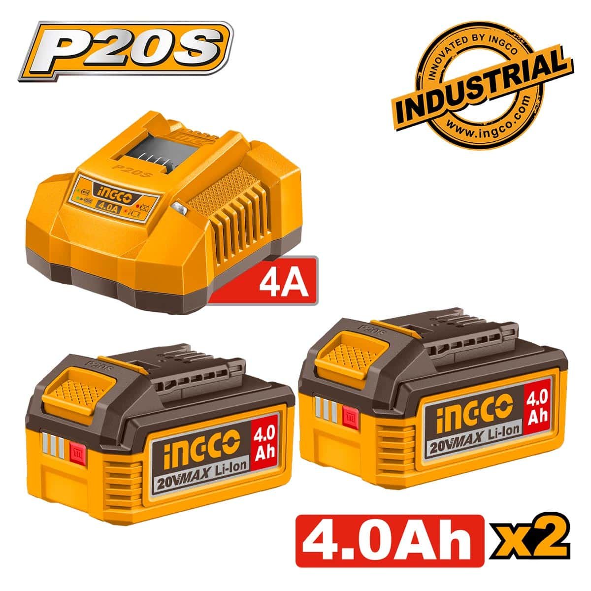 Μπαταρία 2 τεμ. 4.0Ah + Φορτιστής 4Α 1 τεμ. Σετ Ingco
