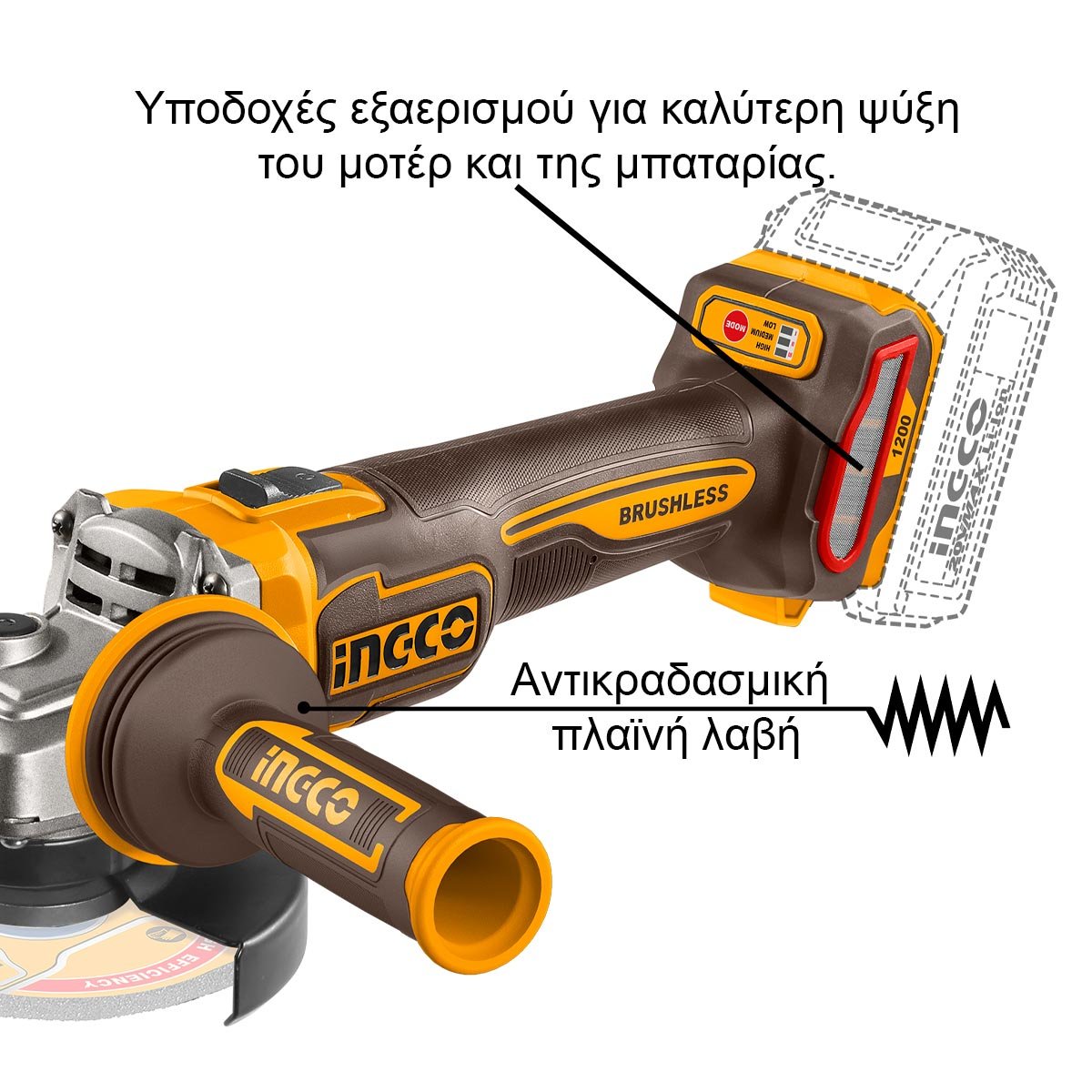 Γωνιακός Τροχός Μπαταρίας 125mm 20V Li-Ion SOLO με Αντικραδασμική Πλαϊνή λαβή Ingco - Image 3