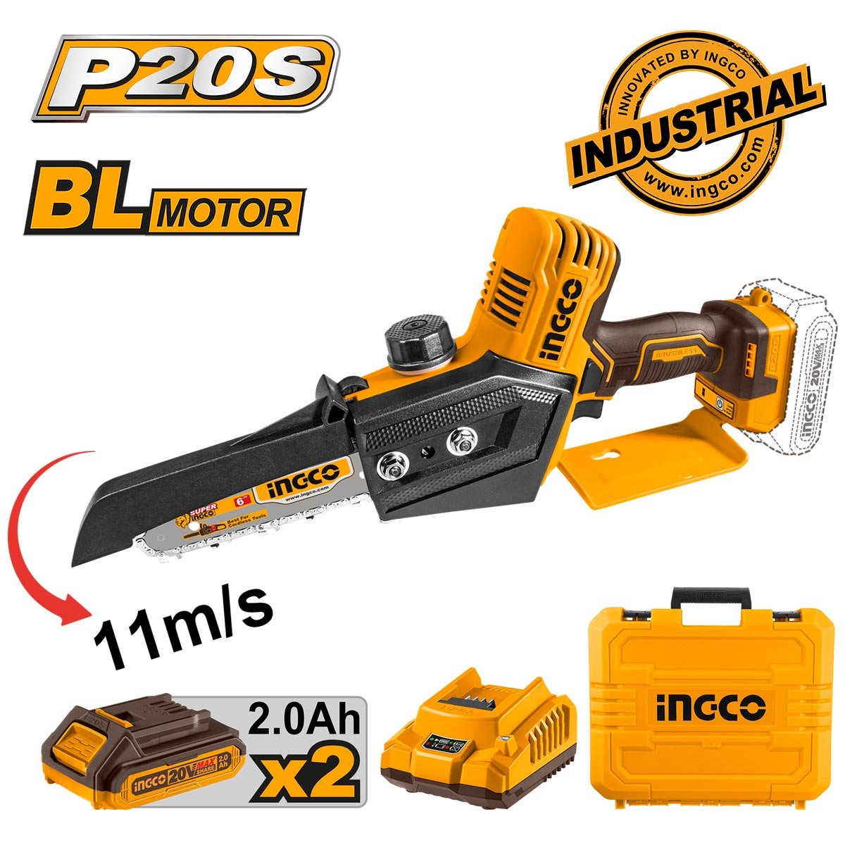 Μίνι Αλυσοπρίονο Μπαταρίας 20V Li-Ion με 6"/15cm Λάμα Ingco - Image 2