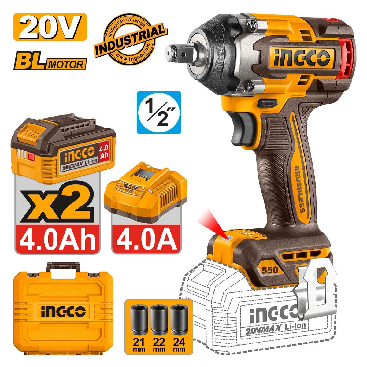 Μπουλονόκλειδο Κρουστικό Μπαταρίας 20V Li-Ion 550-700Nm Ingco - Image 2