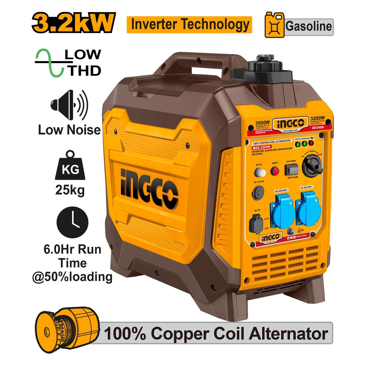 Γεννήτρια Inverter Βαλιτσάκι Βενζίνης 3.2kW 4kVA 4HP Ingco - Image 3